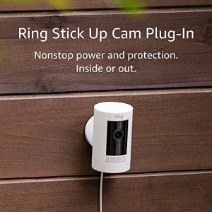 Ring Stick Up Cam Plug-In HD security camera with two-way talk, Works with Alexa – White – 4-Pack