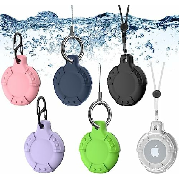 SUIHUOJI 6 Pack Waterproof Airtag Holder Case Clear with Airtag Keychain Ring & Airtag Necklace, PC+TPU Full Cover for Apple Air tag Tracker Accessories for Kids Adult Luggage Cat Dog Collar, 6 Colors