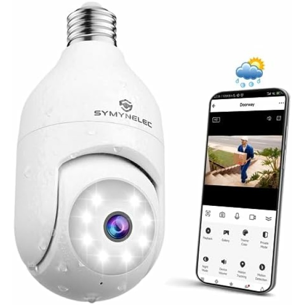 SYMYNELEC Light Bulb Security Camera Outdoor Waterproof, 2K 4MP 2.4GHz Wireless WiFi Light Socket Security Cam 360 Motion Detection Tracking Color Night Vision 2 Way Talk Works with Alexa Google