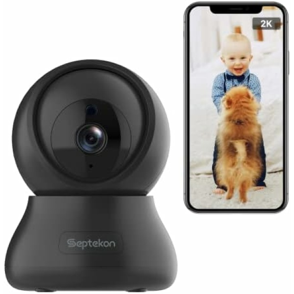 Septekon Indoor Pan/Tilt Smart Security Camera, 2K 3MP Dog Camera 2.4GHz with Night Vision, Motion Detection for Baby and Pet Monitor, Cloud & SD Card Storage, Compatible with Alexa, Black