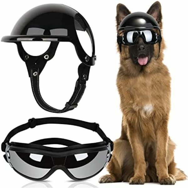 SlowTon Large Dog Helmet and Goggles - UV Protection Doggy Sunglasses Dog Glasses Pet Hat Motorcycle Helmets with Ear Holes Safety Hat Eye Head Protection for Puppy Riding (Black, Large)