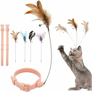 Sumind 6 Pieces Cat Feather Collar Toys Interactive Cat Feather Toy Cat Feather Wand Collar Funny Cat Stick Feather Wand Toy with Bell Replaceable Cat Collar Kitten Teaser Toy for Cat Play