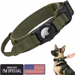 Tactical AirTag Dog Collar, FEEYAR Heavy Duty Air Tag Dog Collar [Thick & Wide], Military Dog Collar with Apple AirTag Holder and Handle, Adjustable GPS Dog Collar for Medium Large Dogs (L, Green)