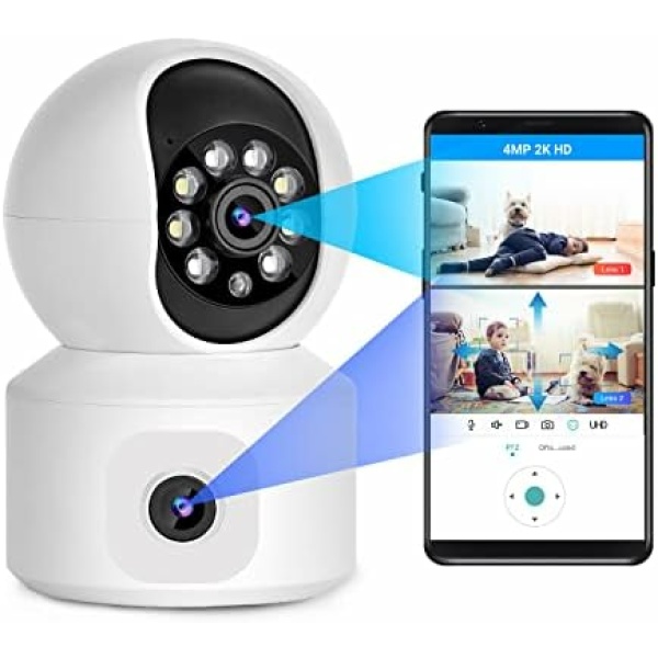 UWUZ 2K 4MP Indoor Camera, Dual Lens Pet/Dog Camera with Phone App，360°PTZ Smart Security Baby Monitor with Full Color Night, Motion Tracking, Alarm/Siren, Two-Way Audio, Compatible with Alexa