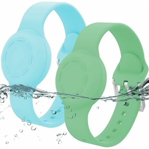 Waterproof Airtag Bracelet for Kids, Silicone Wristband Compatible with Apple Air Tag Hidden Holder Case, GPS Tracker Anti-Lost Adjustable Airtag Strap for Toddler Child (2 Pack, Mint Green & Green)