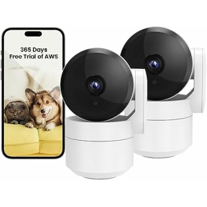 WiFi Home Security Camera Indoor,1080P Pet Camera for Dog/Baby Monitor,Free 365-Day US Cloud,360 Degree Motion Track,Pan/Tilt,Privacy Mode,2-Way Audio,Google Assistant & Alexa Compatible, 2 Pack