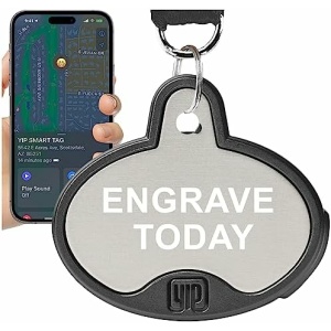 YIP Smart Tag ID Custom Engraved Locator - Works with Apple Find My (No GPS Subscription Or Monthly Fee) Personalized Tracker Device, Silver Oval