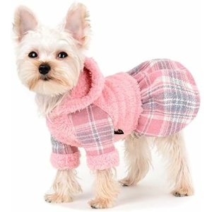 Yikeyo Fuzzy Dog Dress Dog Sweaters for Small Dogs Girl Pink Plaid Puppy Sweatshirts Fleece Doggie Hoodie Winter Dog Clothes Female Pet Cat Pup Warm Coats Clothing Outfit for Yorkie Chihuahua,X-Small
